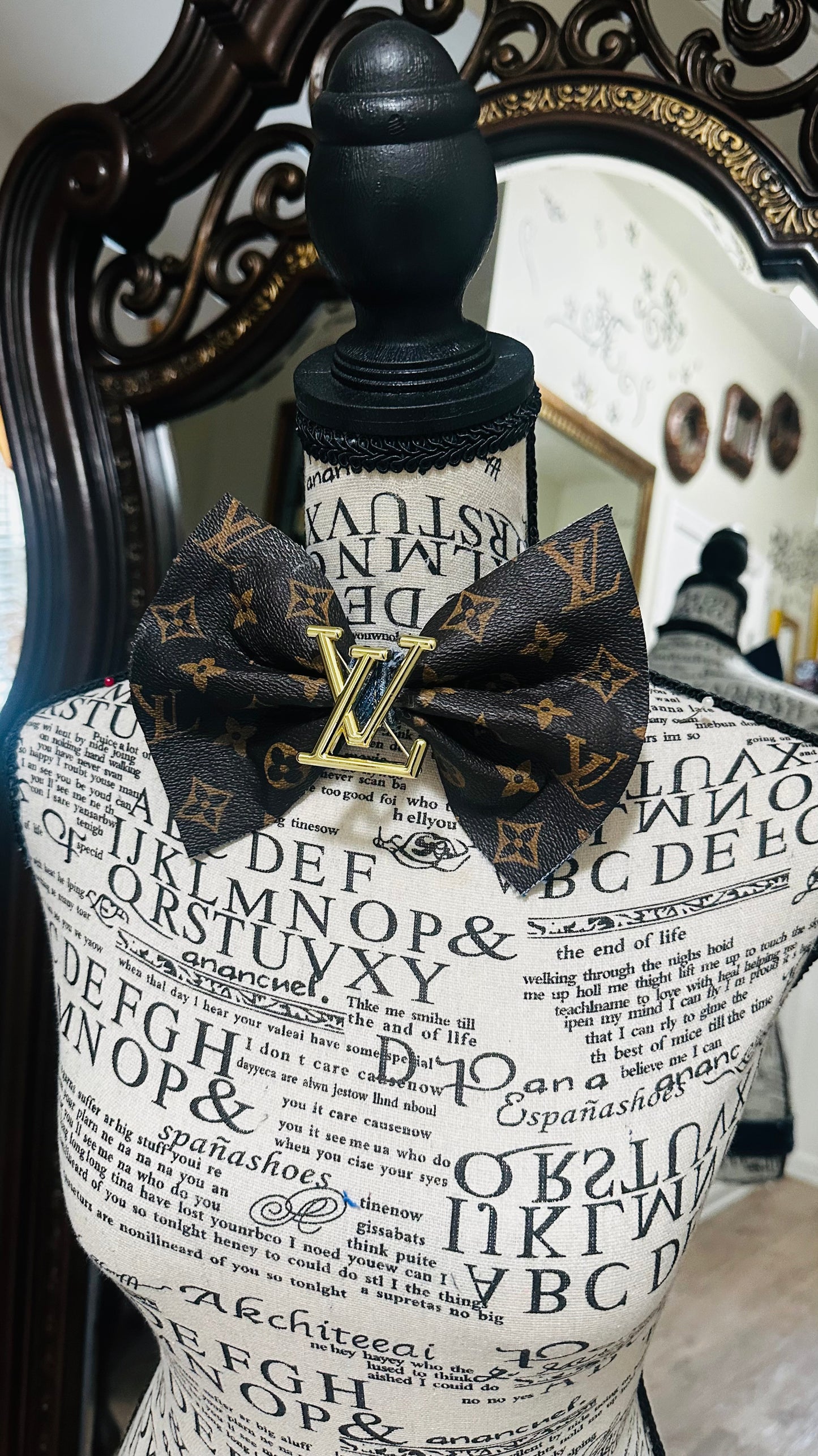 Dark Chocolate Leather  LaVonta with Caramel Drizzle Denim Bowtie with center brooch (brooch style varies)