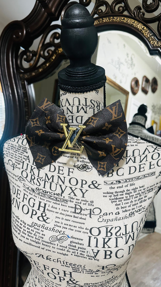 Dark Chocolate Leather  LaVonta with Caramel Drizzle Denim Bowtie with center brooch (brooch style varies)