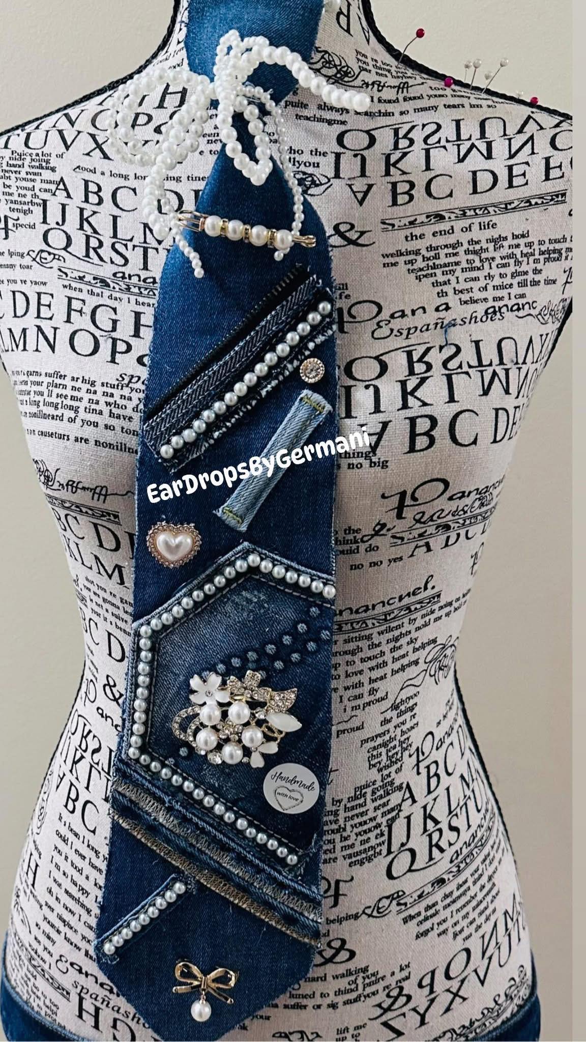 Denim & Pearls Center Brooch  Necktie Necklace