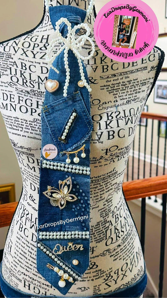 Denim & Pearls Center Brooch  Necktie Necklace