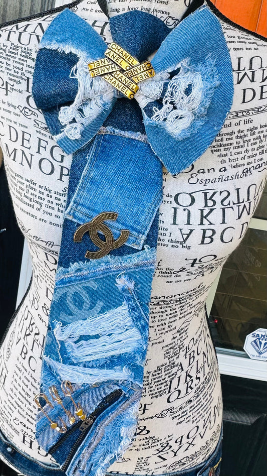 Upcycled Distressed Denim Bowtie Necktie (no wristlet)