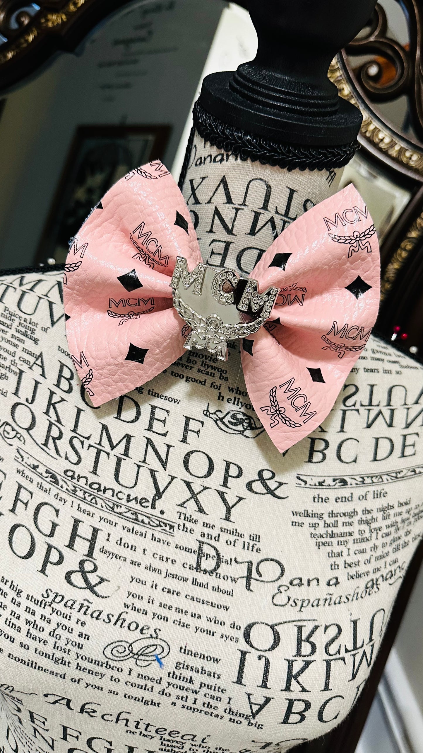 Pink Leather MGM Fashion Bowtie with Brooch
