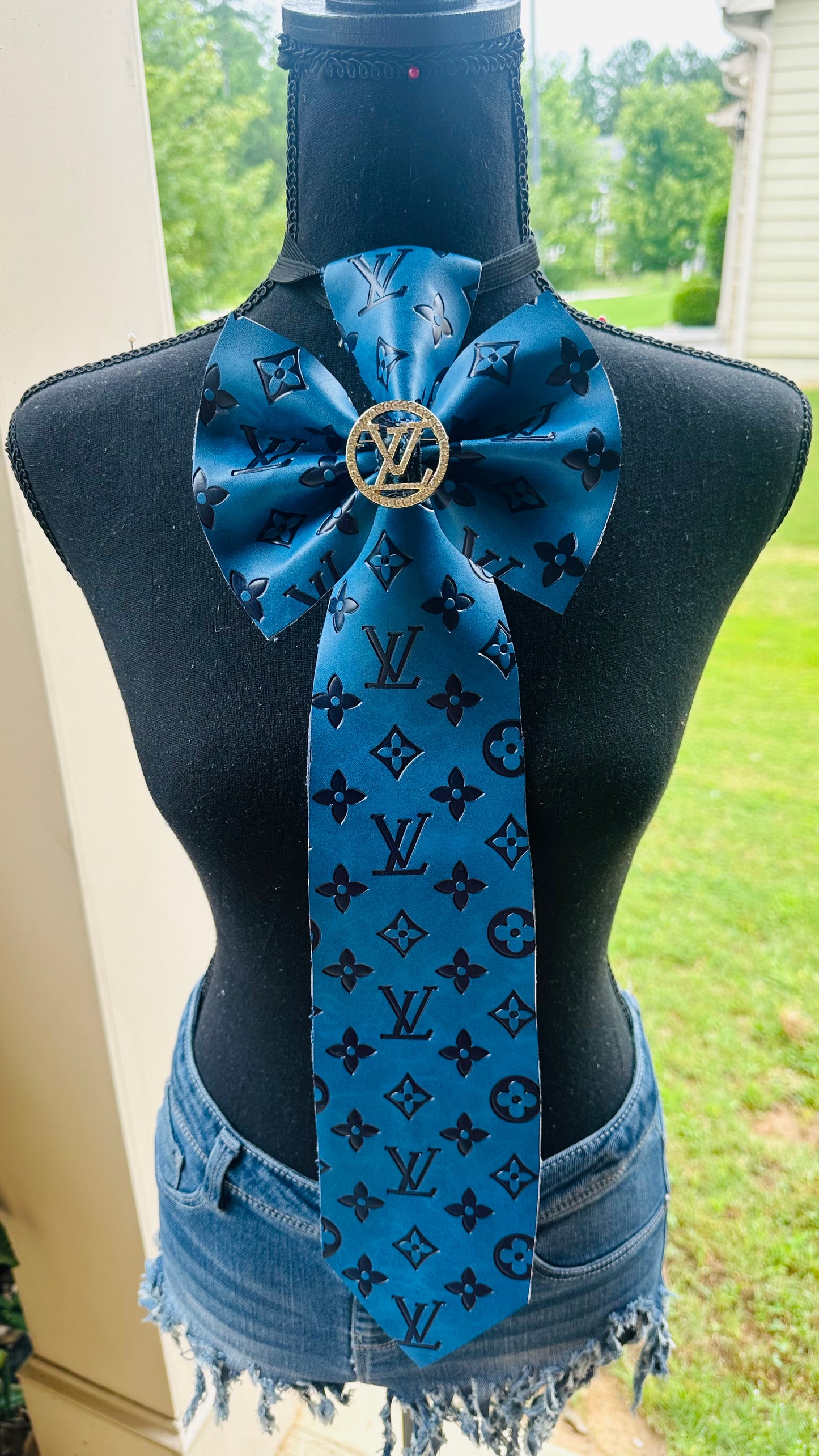 Blue Leather L’Vee & Distressed Denim Bowtie Necktie