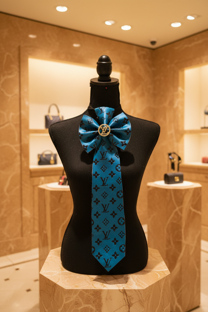 Blue Leather L’Vee & Distressed Denim Bowtie Necktie