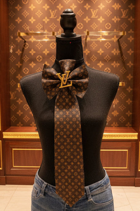 Dark Chocolate L’Vee Soft Leather & Denim Distressed Bowtie Necktie