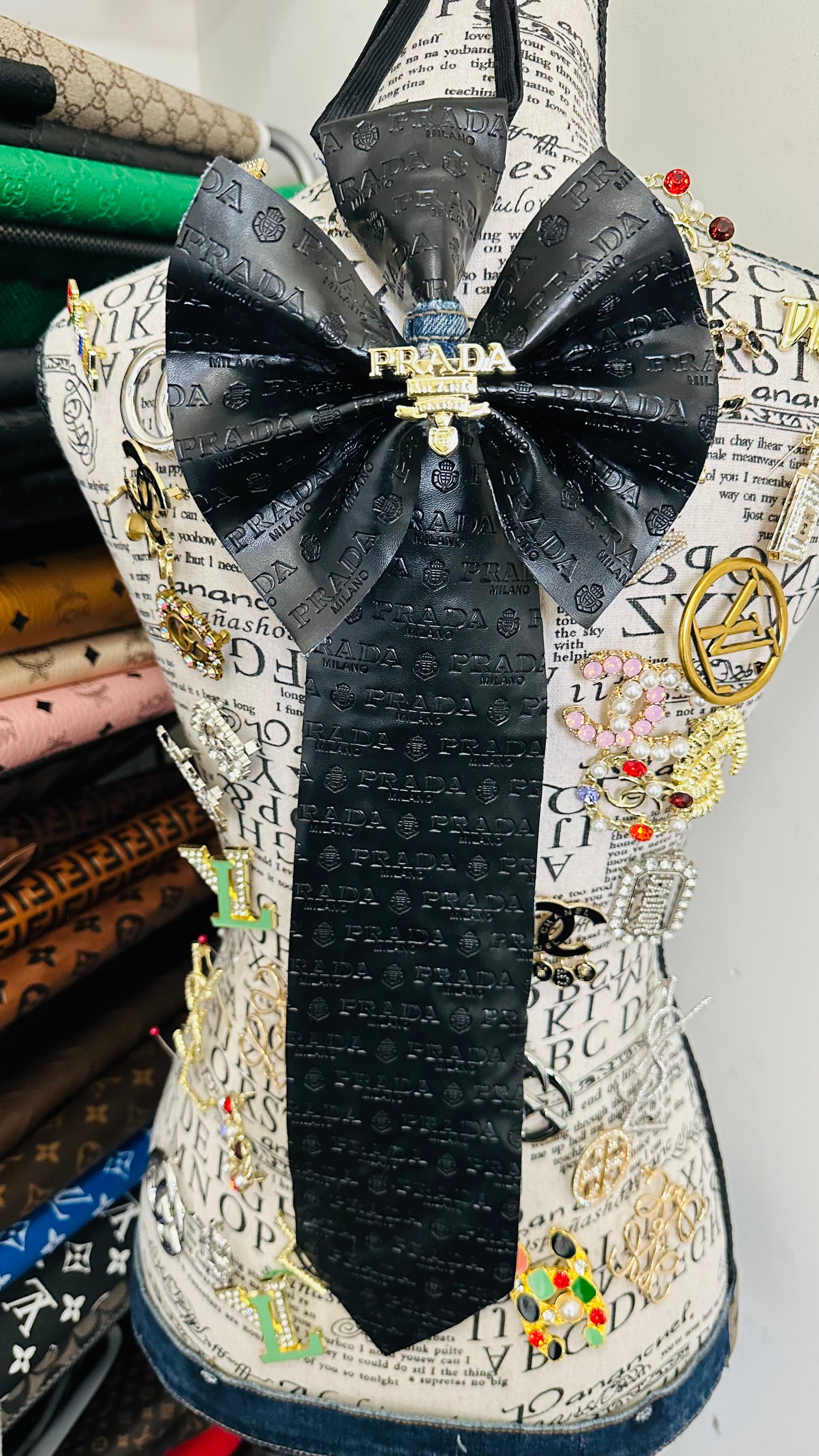 Black Leather Pradia Distressed Denim Bowtie Necktie
