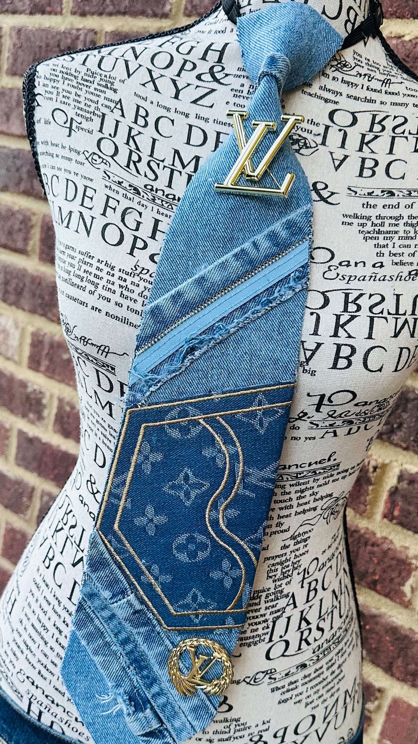 Upcycled Distressed LaVandra Denim Necktie (1 embroidery patch & 2 brooches)