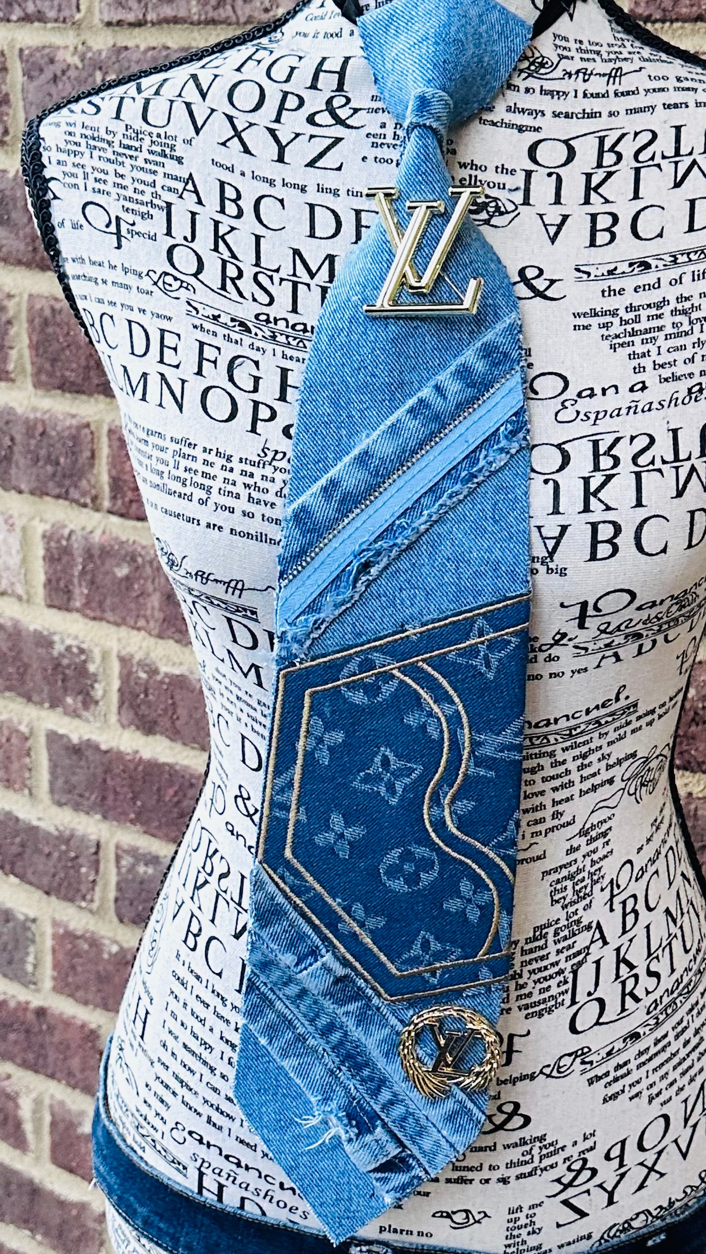 Upcycled Distressed LaVandra Denim Necktie (1 embroidery patch & 2 brooches)