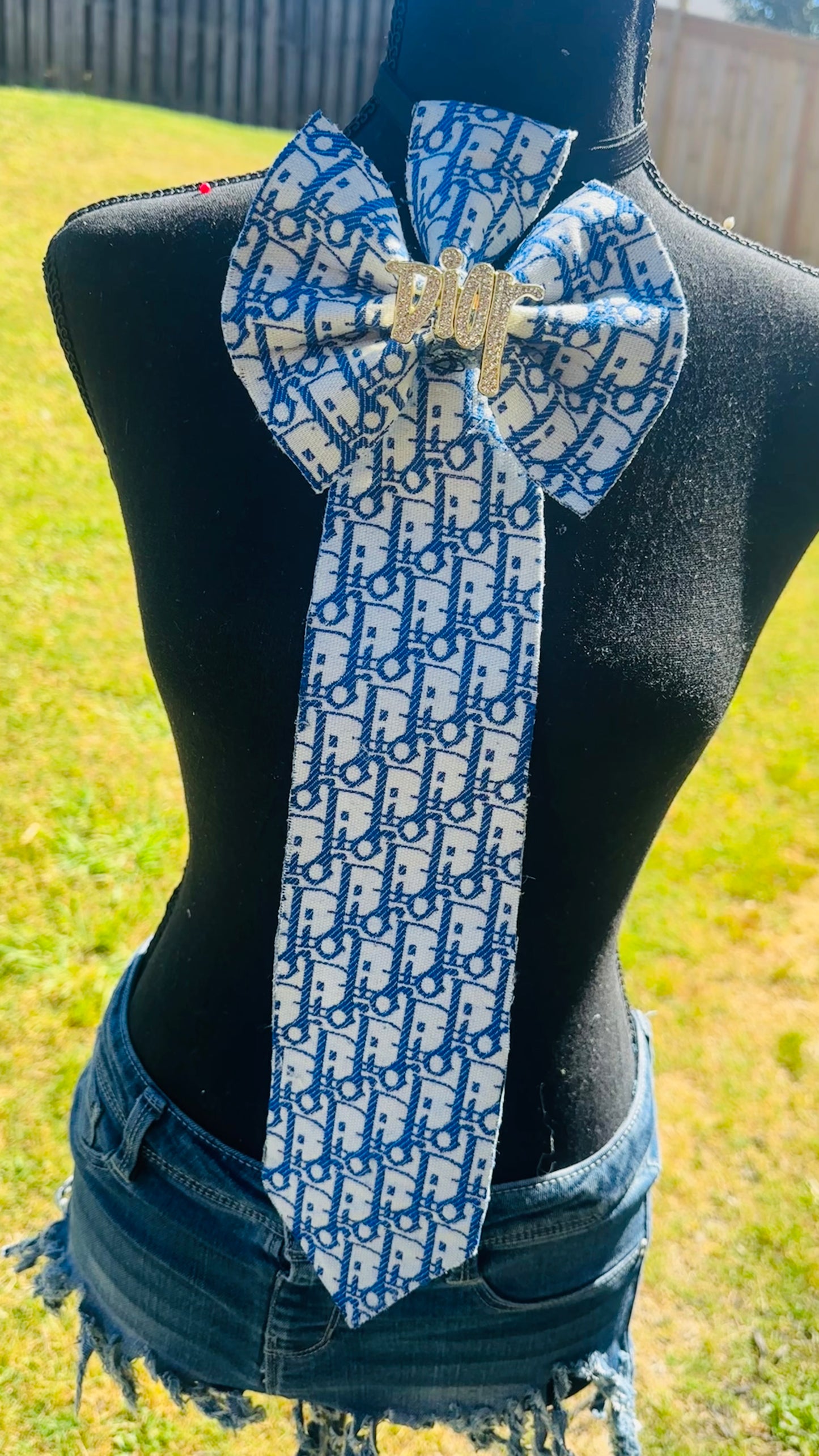Blue & White Diora with Distressed Denim Bowtie Necktie