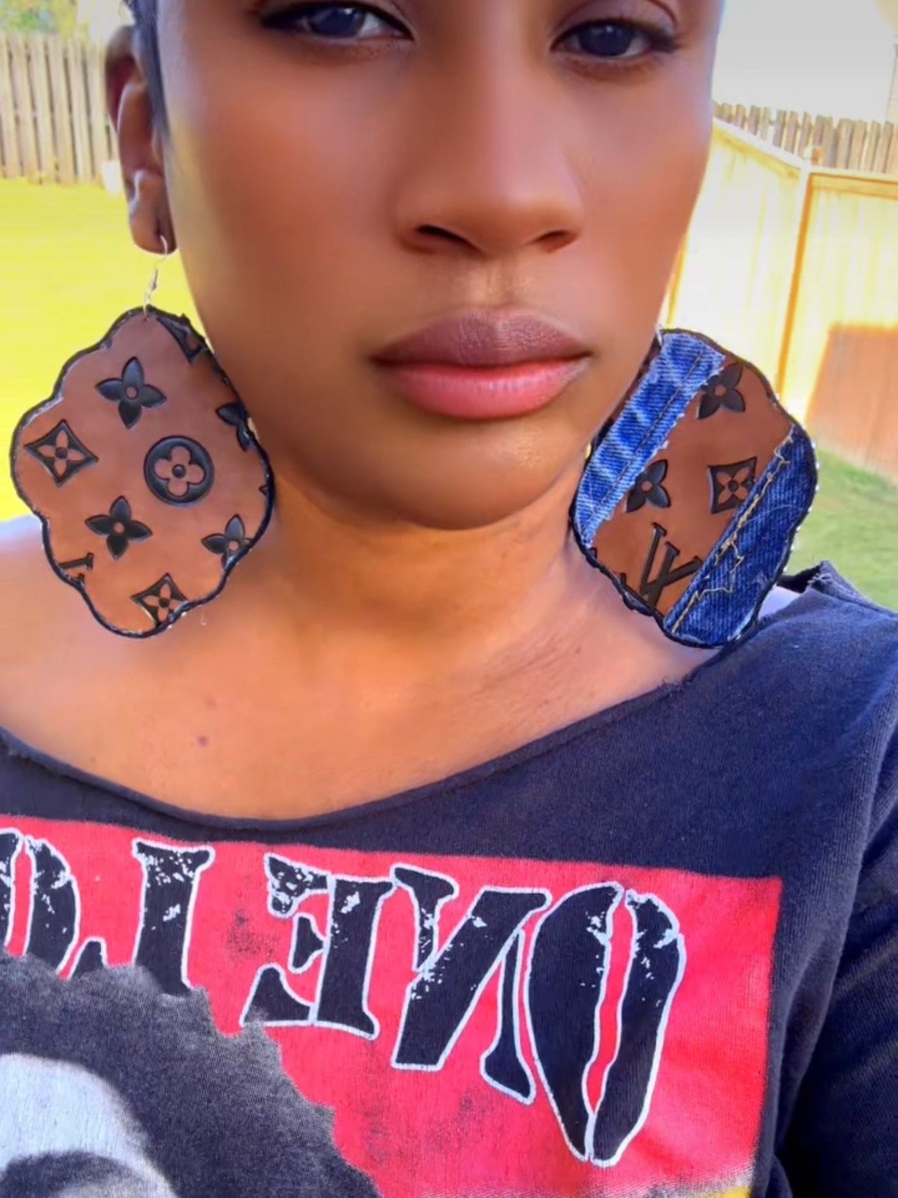Freestyle Handmade Cognac Leather & Distressed Denim L’Vee Earrings