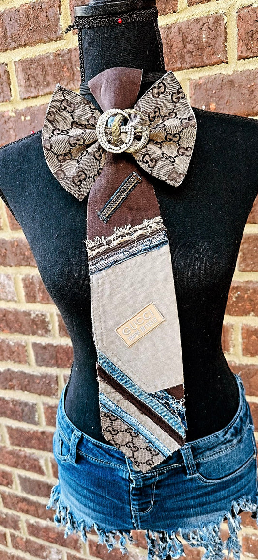 Chocolate- Peanut Butter Distressed Denim GiGi Bowtie Necktie