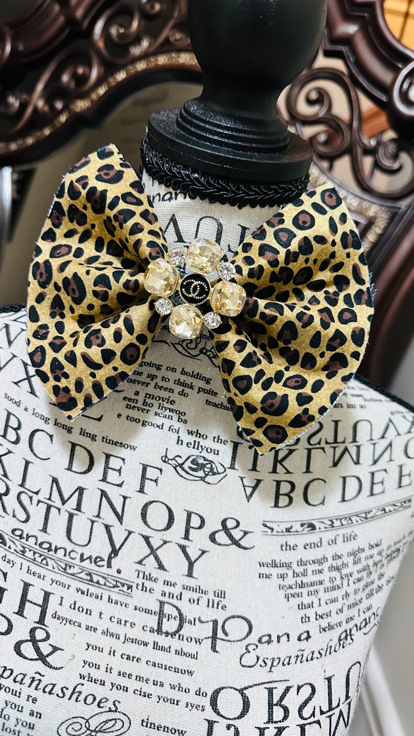 Light Brown Leopard Print Bowtie with large center brooch