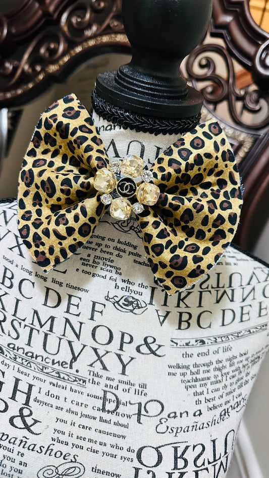 Light Brown Leopard Print Bowtie with large center brooch