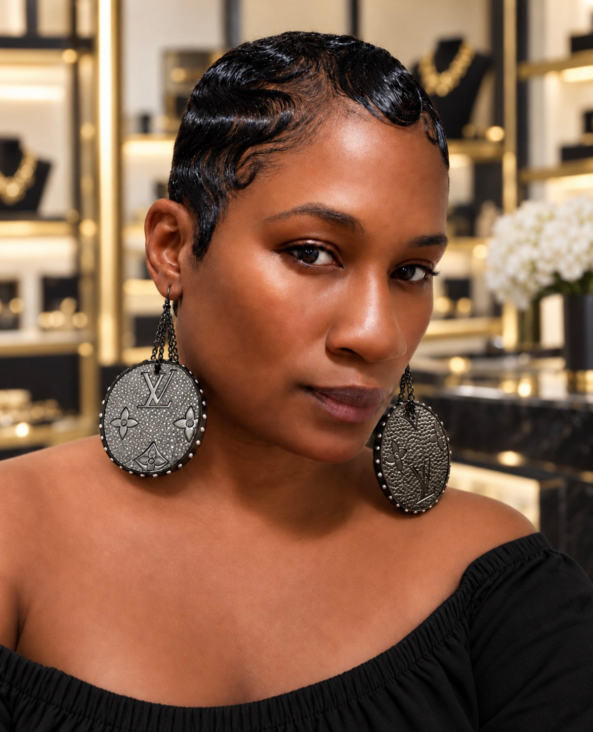 Charcoal Luxe LV Medallion Earrings