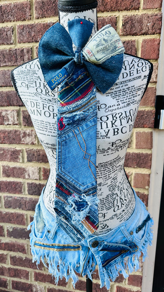 Upcycled Distressed Denim Patchwork Bowtie Necktie