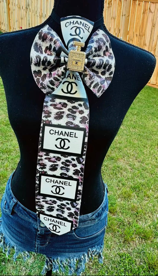 Leopard Print CiCi Leather and Distressed Denim Bowtie Necktie