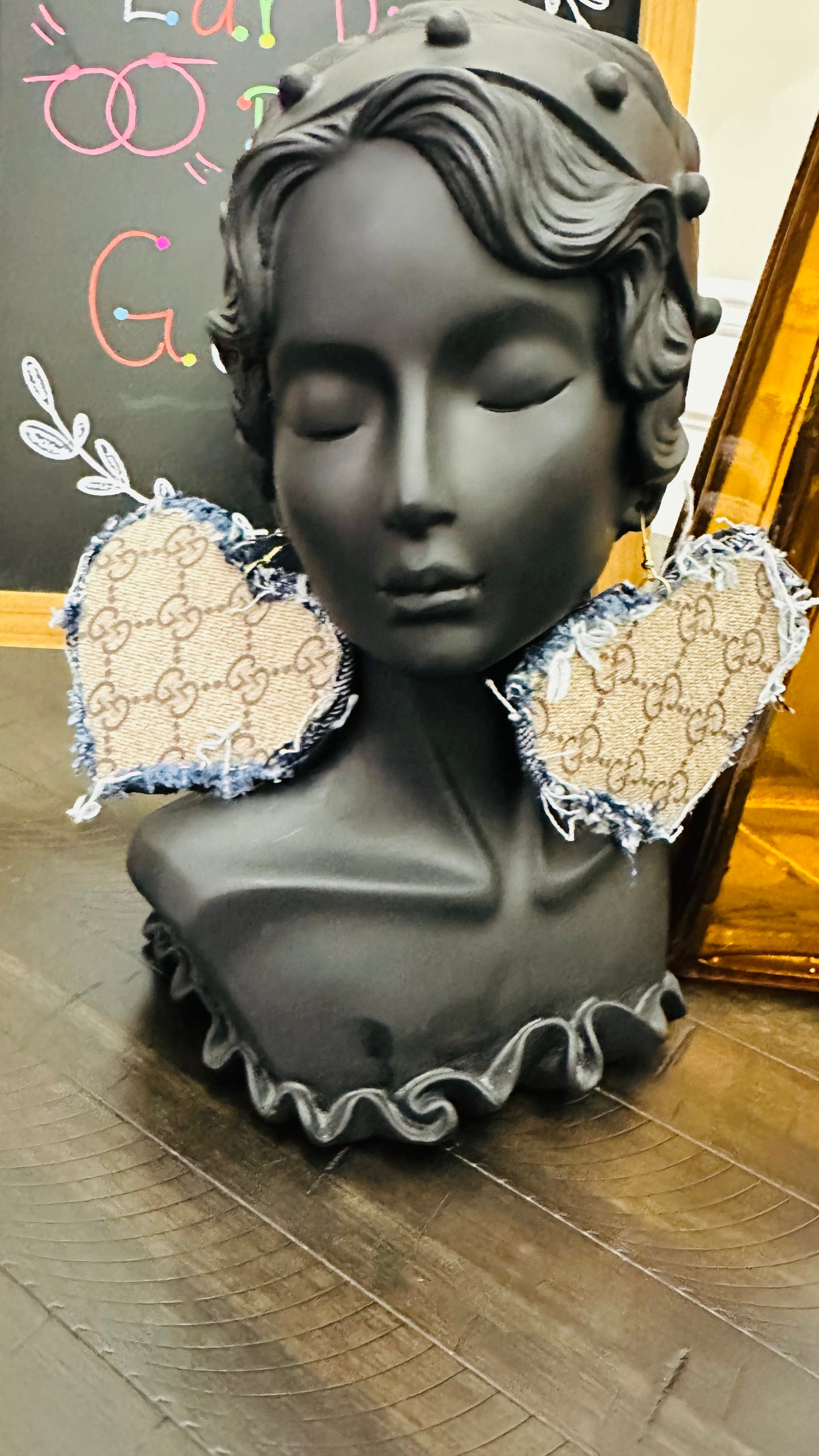 Leather & Distressed Fringed Denim GiGi Heart Shape Earrings