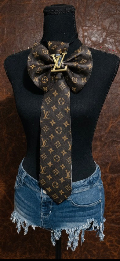 Dark Chocolate L’Vee Soft Leather & Denim Distressed Bowtie Necktie