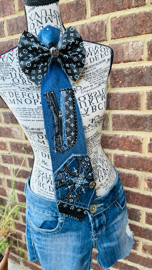 Black & White Fashion Distressed Denim Bowtie Necktie