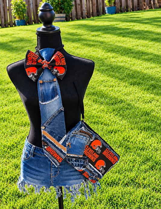 Cleveland Browns NFL Distressed Denim Patchwork Bowtie Necktie & Matching Wristlet Set