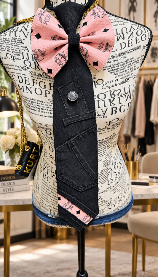 Freestyle Pink & Black Leather  Distressed Denim Bowtie Necktie