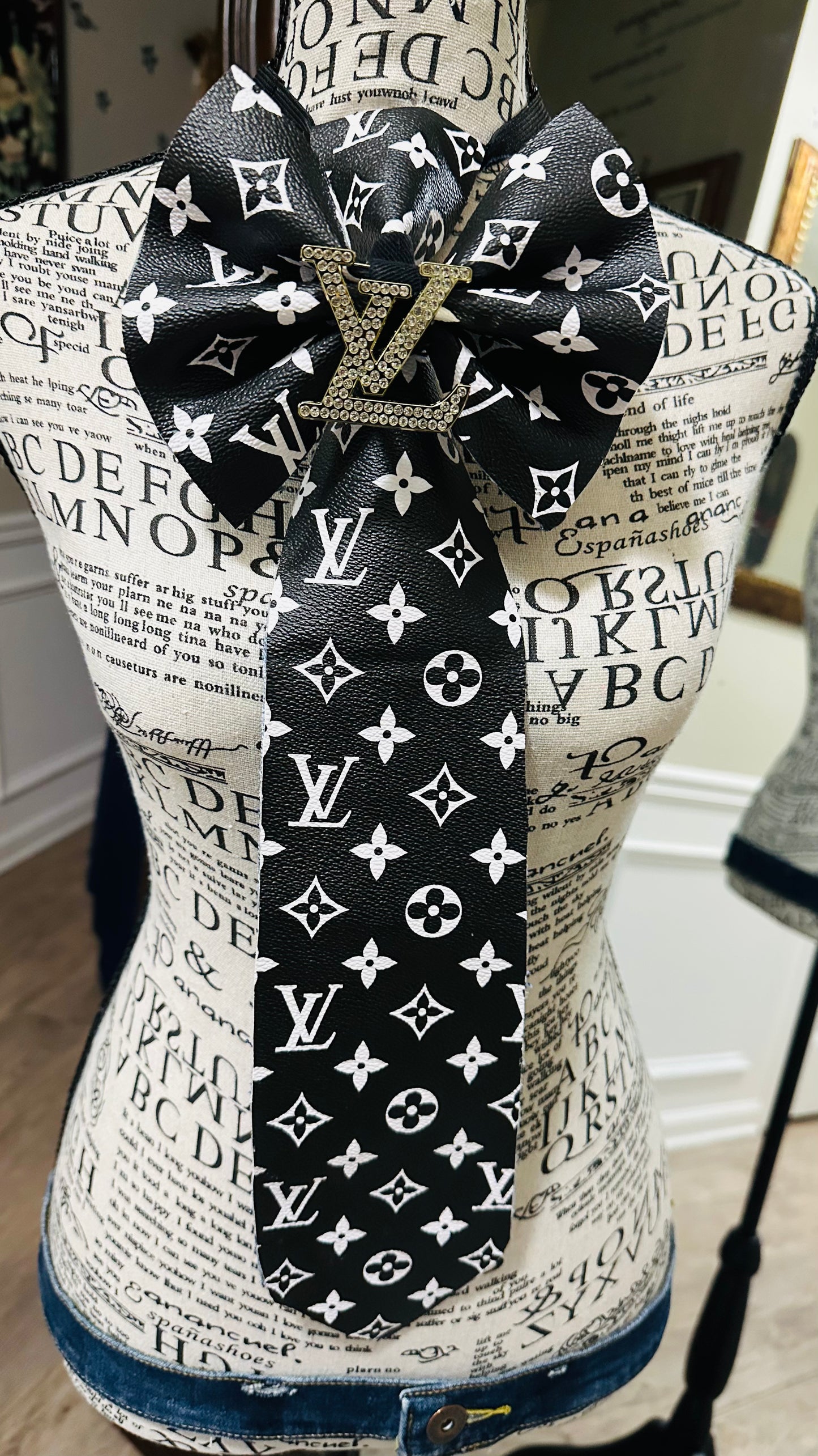 Black & White Leather Denim Lavanta Bowtie Necktie with Center Brooch