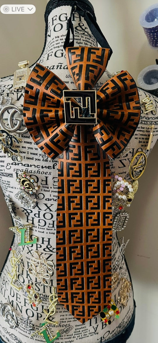 Cognac & Black Leather Distressed Denim Fendia Bowtie Necktie