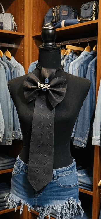 Jet Black Giannie Versaace ￼Distressed Denim Bowtie Necktie