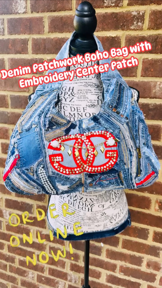 Denim Patchwork Boho Bag with Center Embroidery Patch