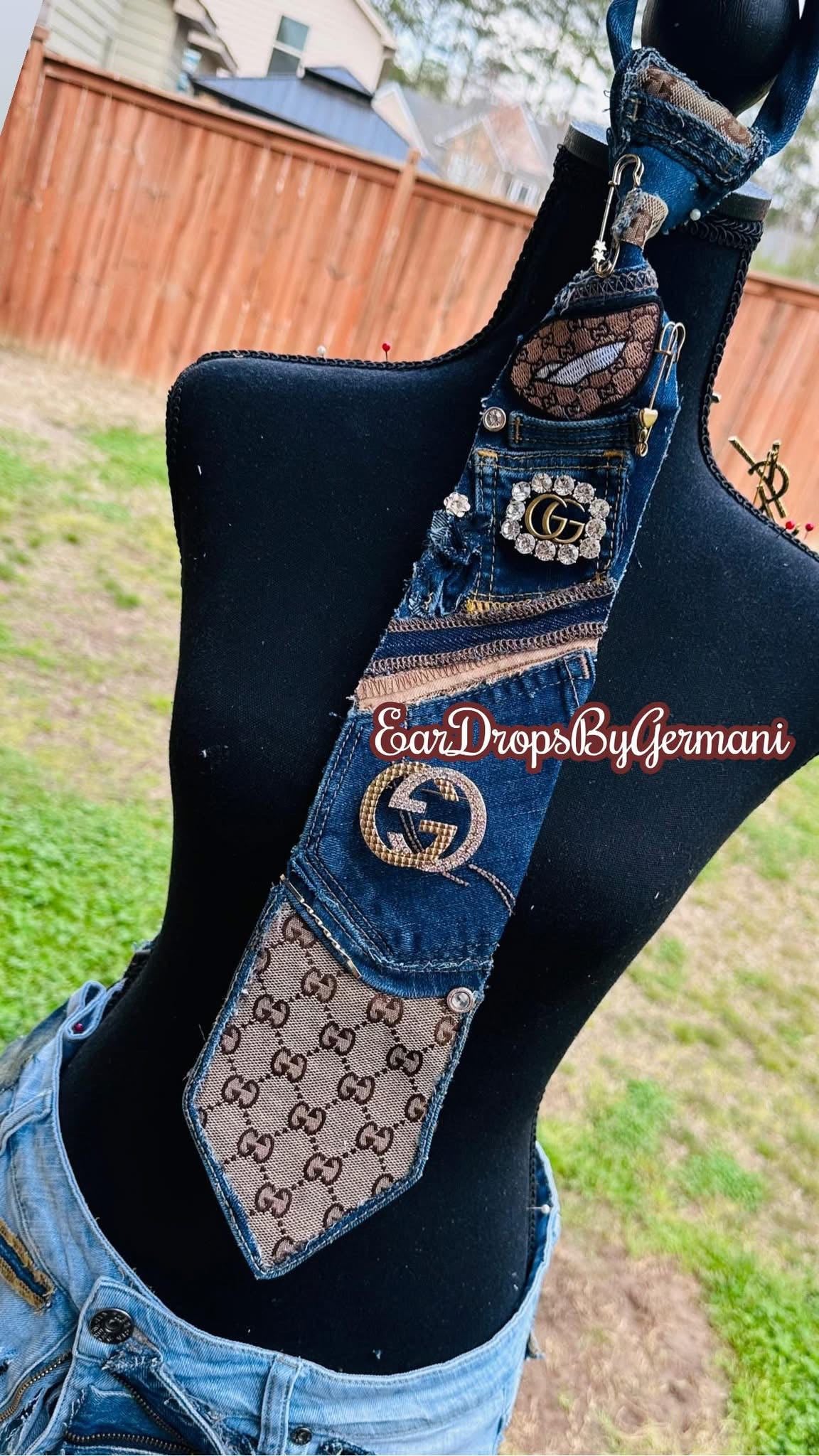 Brown & Denim Distressed With Embroidery Patch & Brooch Necktie Necklace