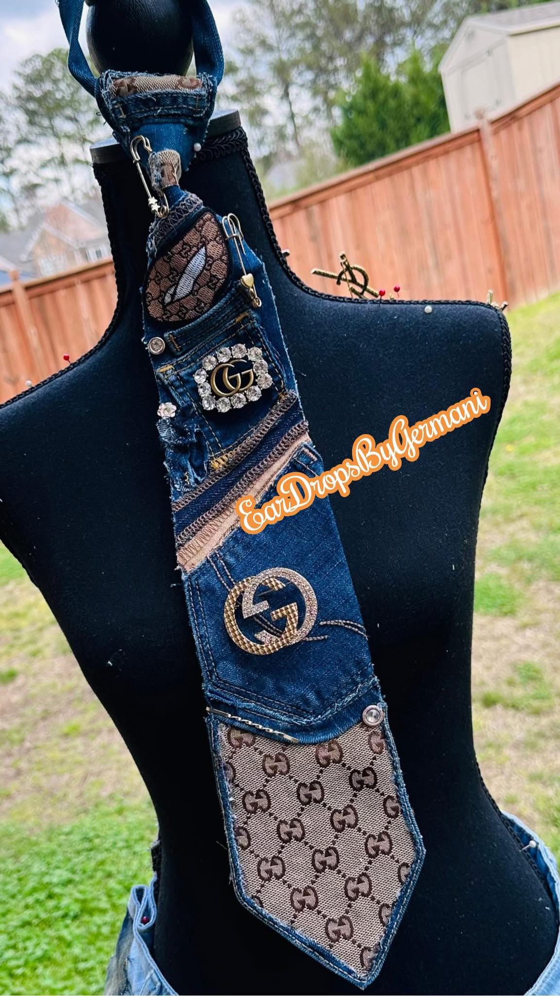 Brown & Denim Distressed With Embroidery Patch & Brooch Necktie Necklace