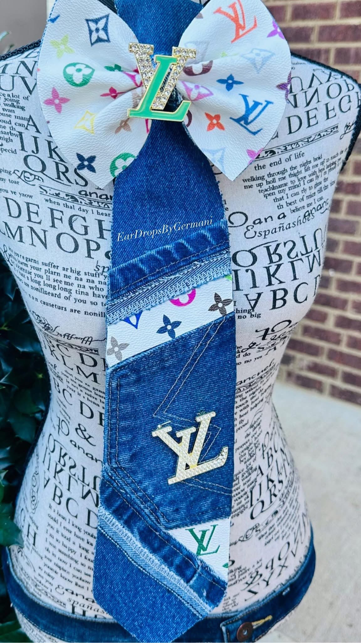 Multicolor Upcycled Distressed Denim with2 large brooches