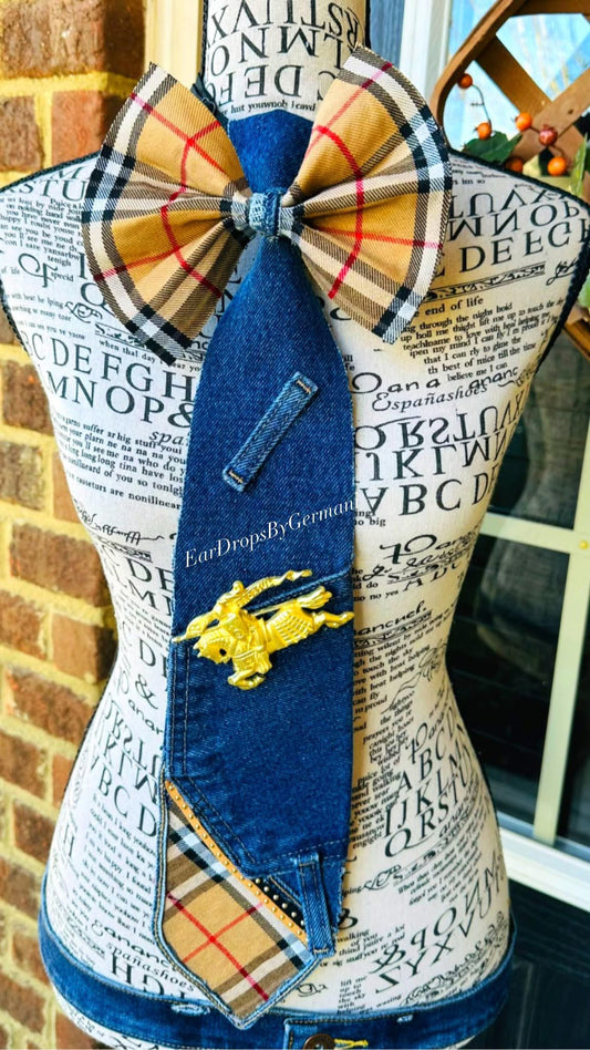 BritishBerry Distressed Denim Bowtie Necktie with large brooch