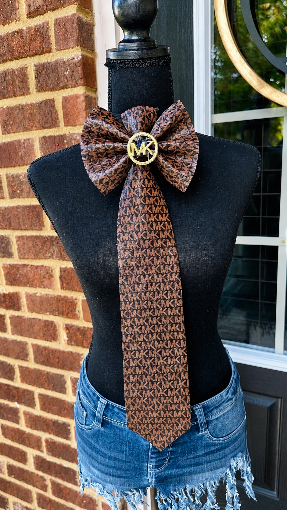 Brown Black M’Kay Leather & Distressed Denim Bowtie Necktie