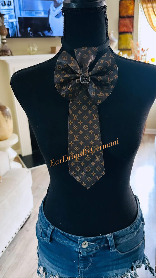 Little Trendsetter Brown Soft Leather & Distressed Denim Bowtie Necktie