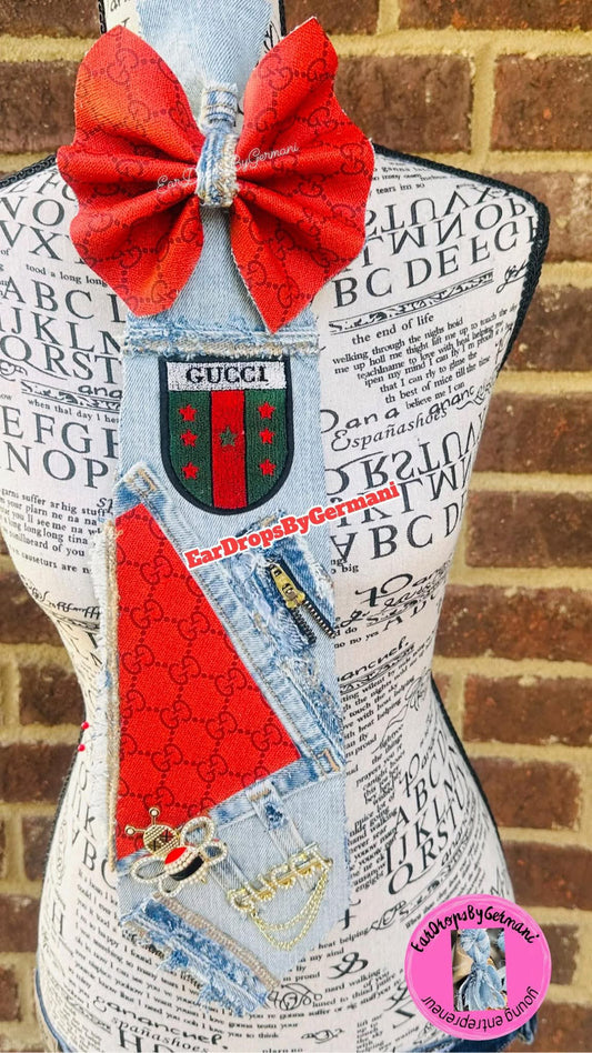 Red  Bowtie Denim With Center Embroidery Patch Necktie