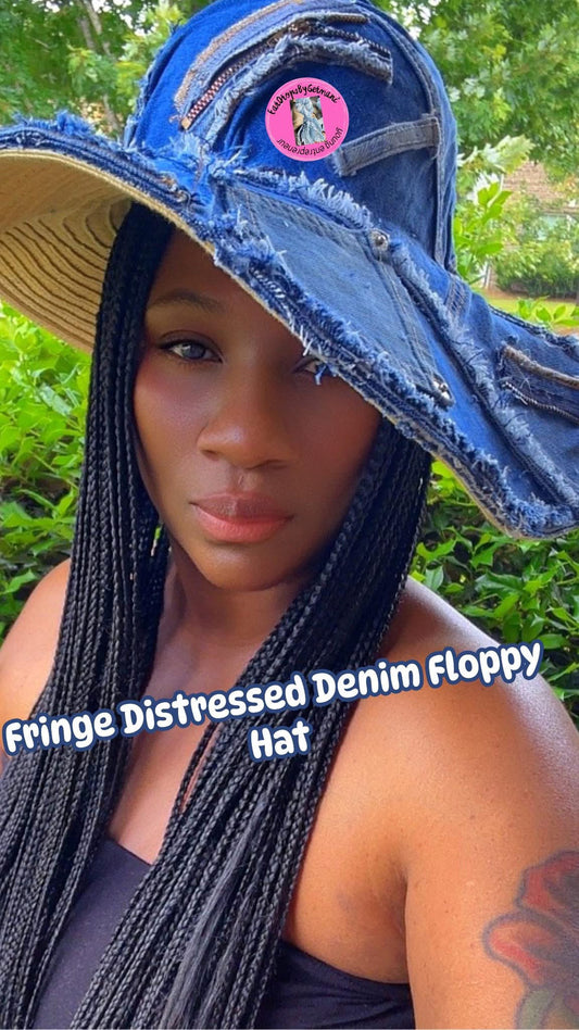 Fringe Distressed Denim Floppy Hat