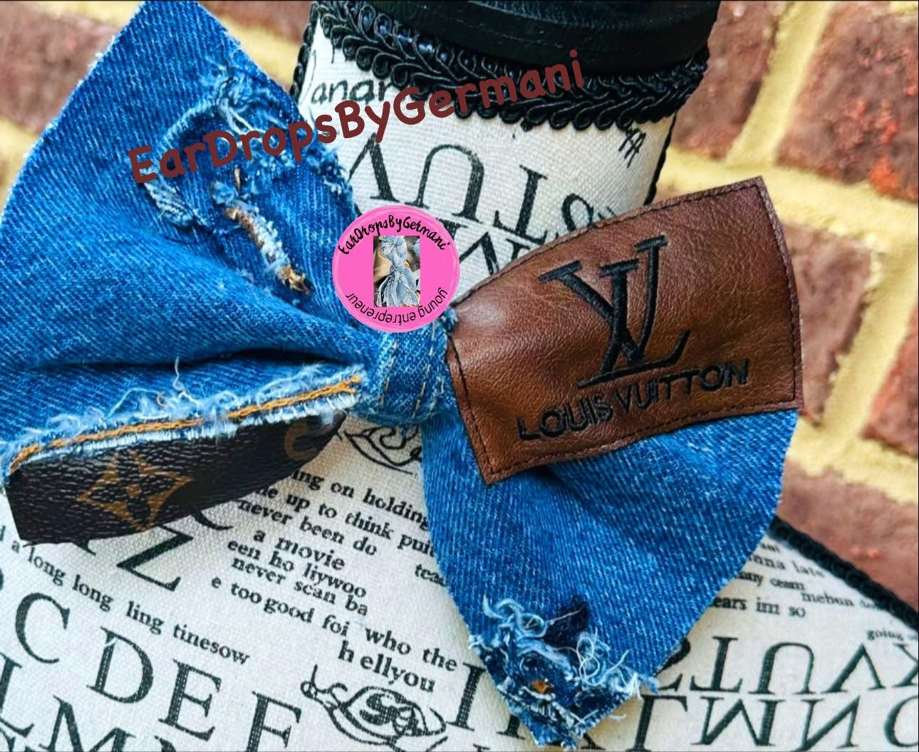 Oversized Brown Faux Leather & Distressed Denim Bowtie
