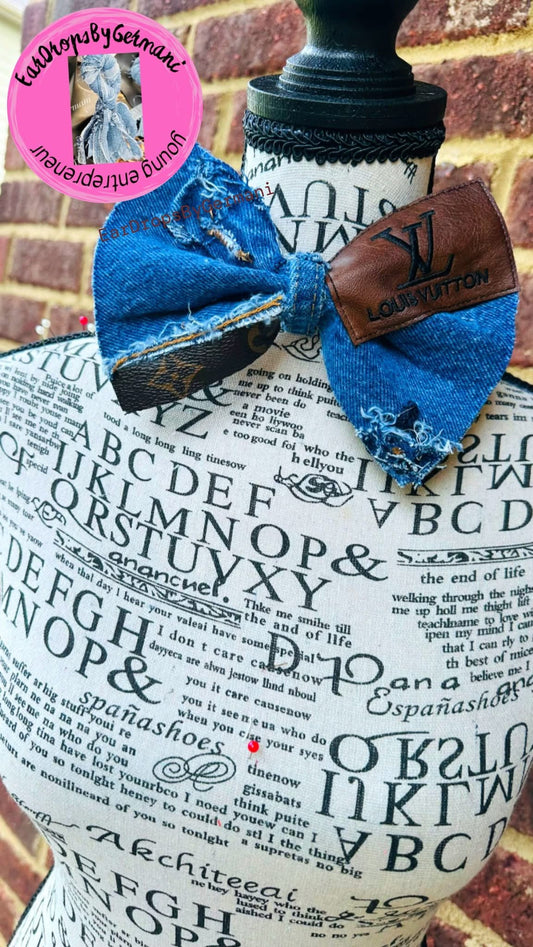 Oversized Brown Faux Leather & Distressed Denim Bowtie