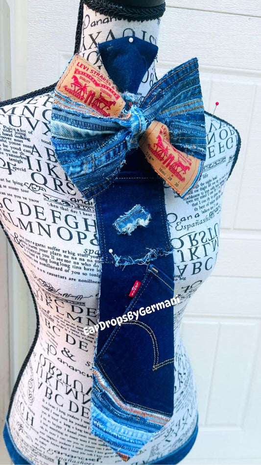 Double Label Denim Patchwork Bowtie Necktie