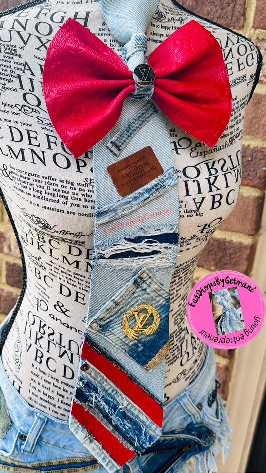 Red & Distressed Denim Fashion Bowtie Necktie