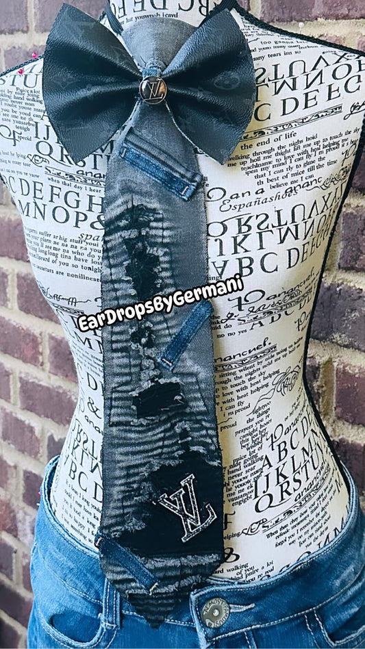 Midnight Black Distressed Denim Bowtie Necktie
