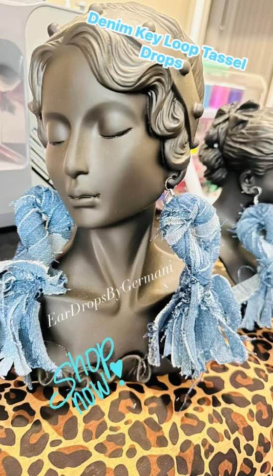 Denim Key Loop Fringe Tassel Drops