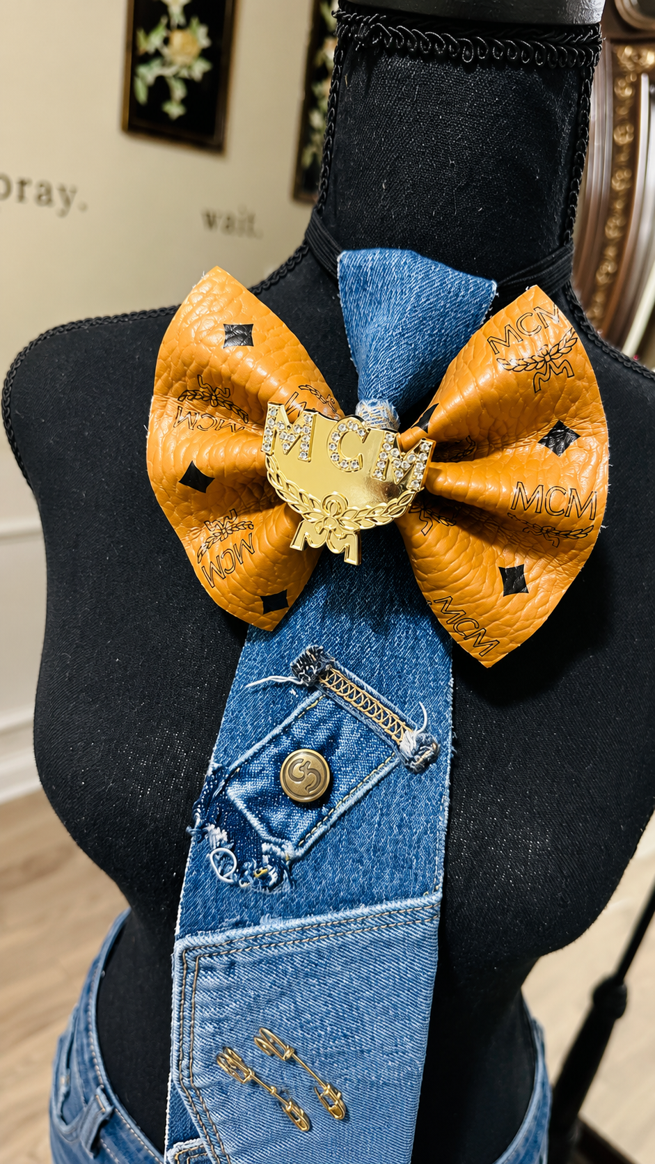 Freestyle Patchwork Cognac Distressed Denim Bowtie Necktie