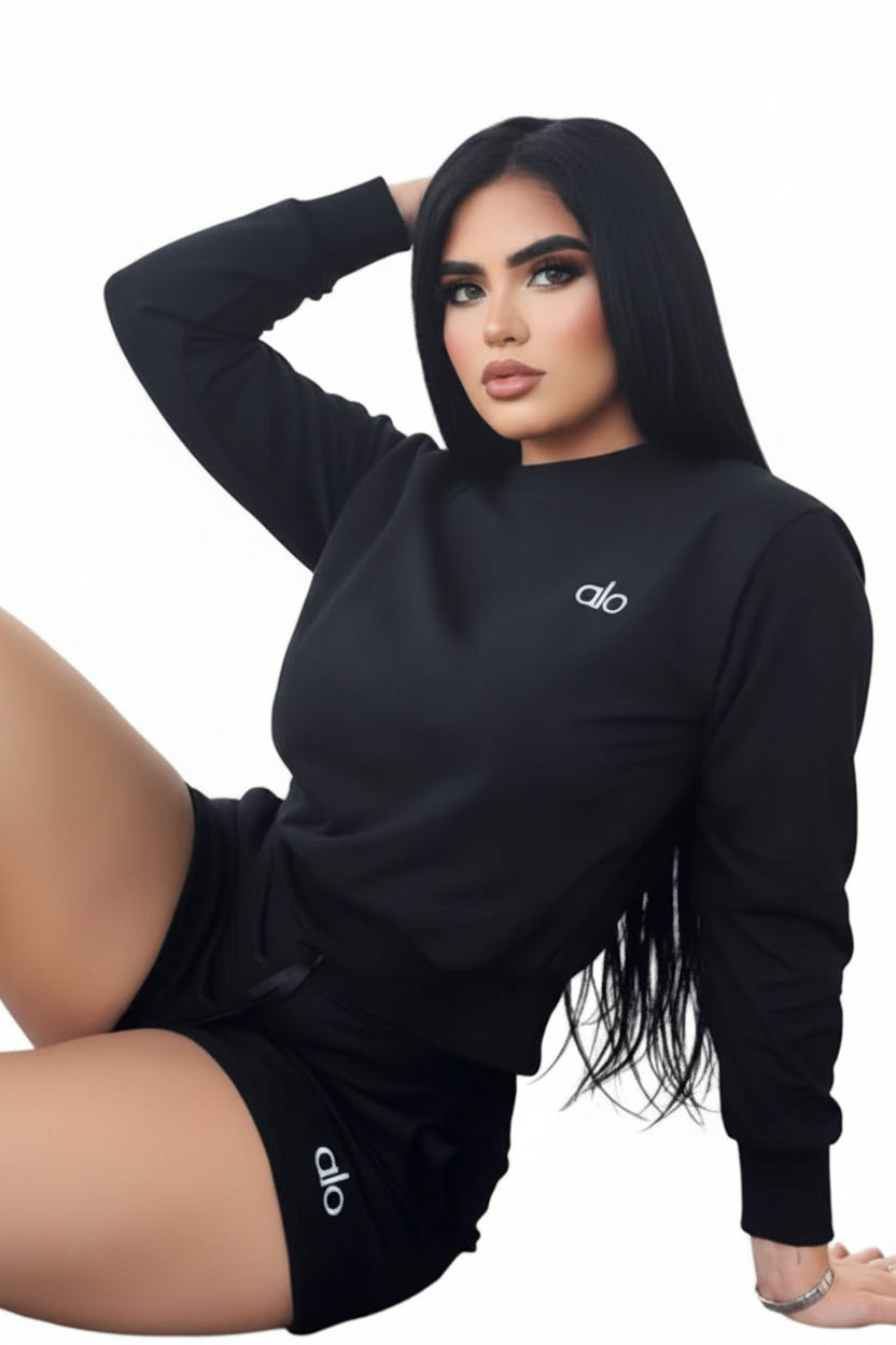 Ala Black Cropped Crew Neck Yoga Set