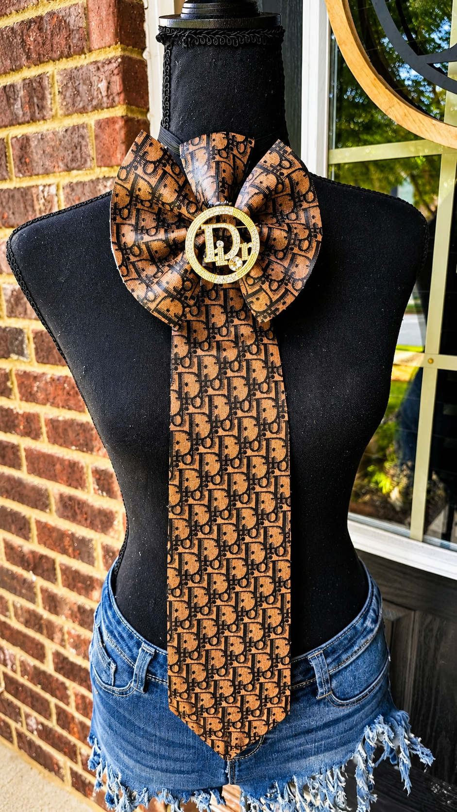 Diora Brown & Black Leather & Distressed Denim Bowtie Necktie