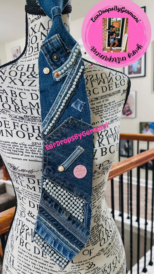 Free Styled Denim and Pearls Necktie