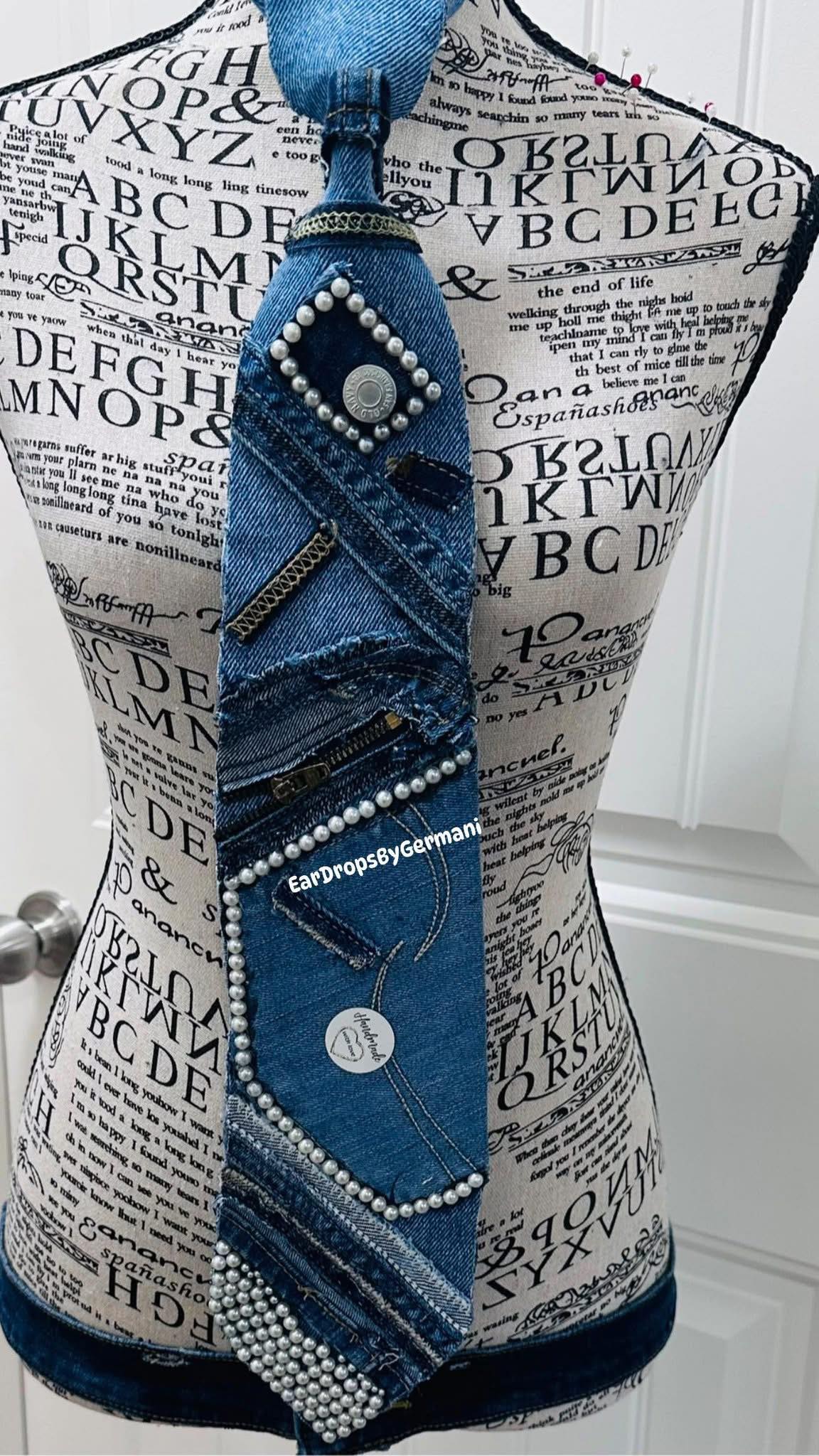 Free Styled Denim and Pearls Necktie