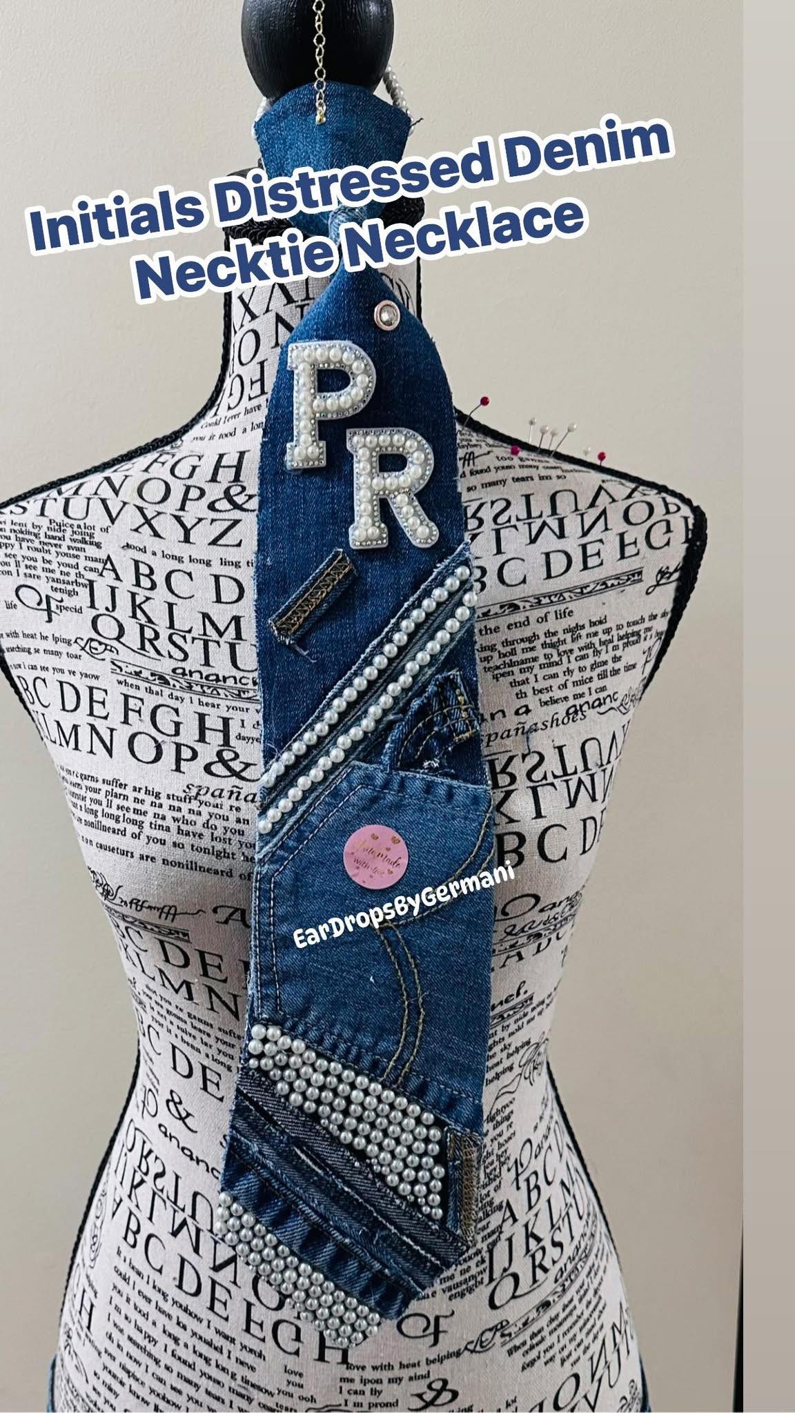 Pearl Initials Distressed Denim Necktie