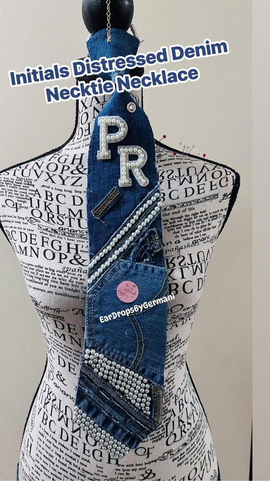 Pearl Initials Distressed Denim Necktie